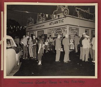 (LANCASTER, PENNSYLVANIA) A scrapbook with 28 photographs entitled The Old and the New, made for the re-opening of a gas station.